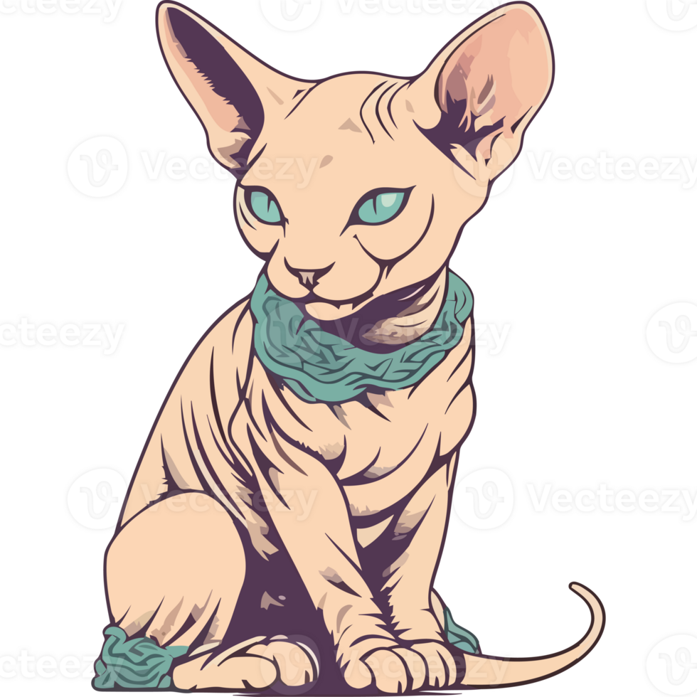 A sphyte cat with blue eyes and a green scarf png