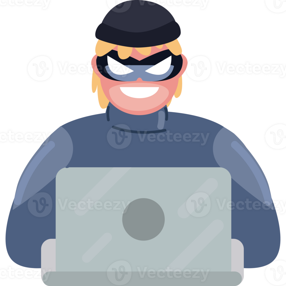 A cartoon man in a mask and a blue shirt is sitting at a laptop png