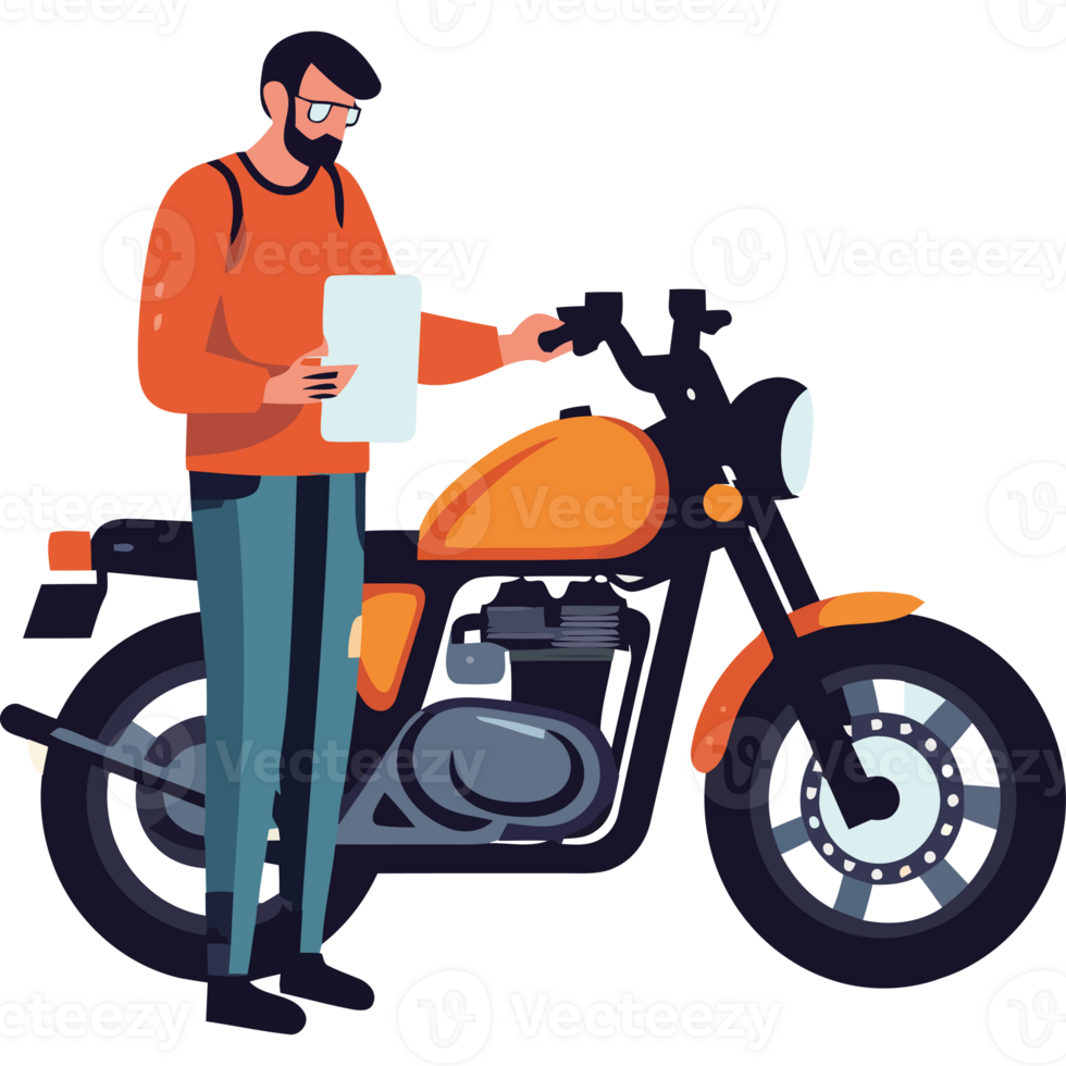 A man is standing next to a motorcycle with a clipboard png