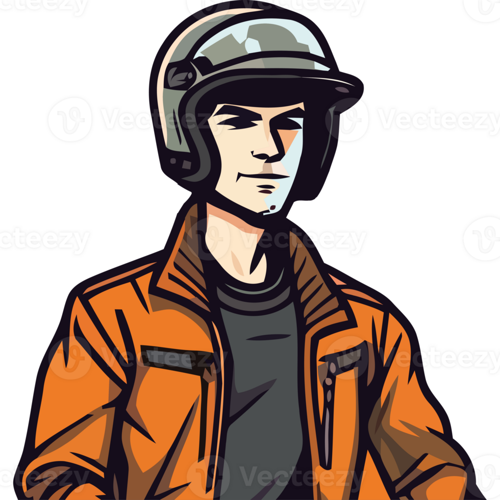 A cartoon man in an orange jacket and helmet png