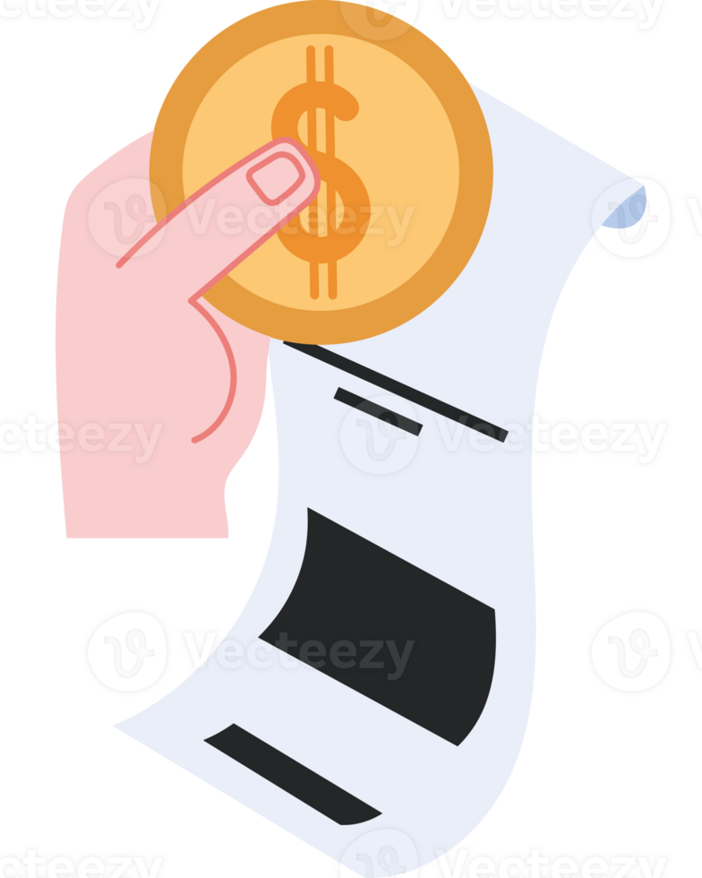 Hand holding a receipt and a coin png