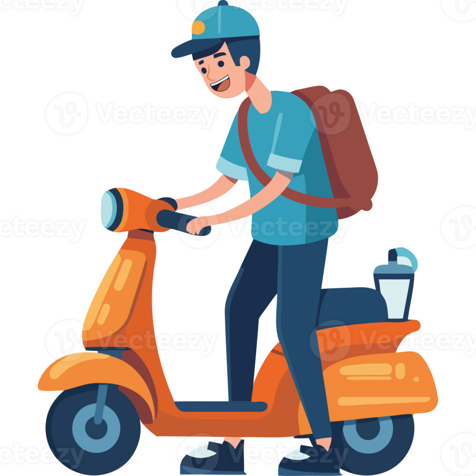 A man on a scooter with a backpack and a coffee cup png