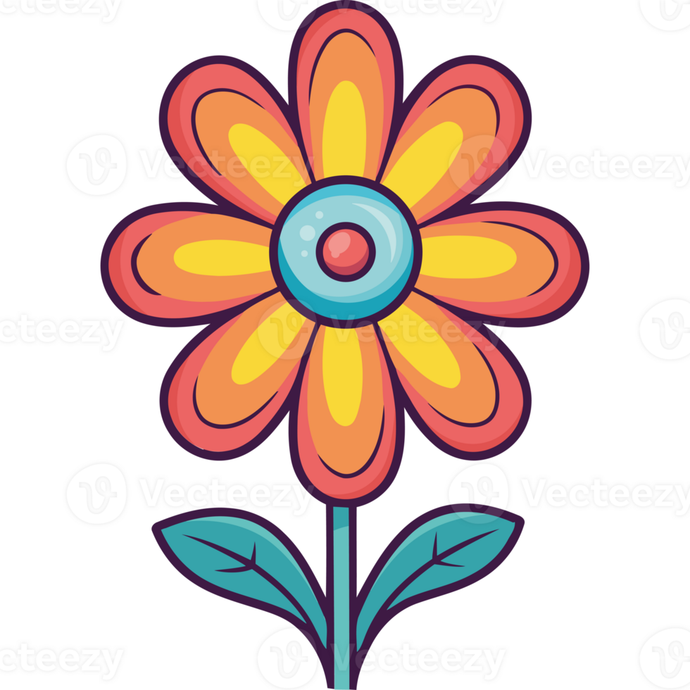 A cartoon flower with a green stem and yellow center png