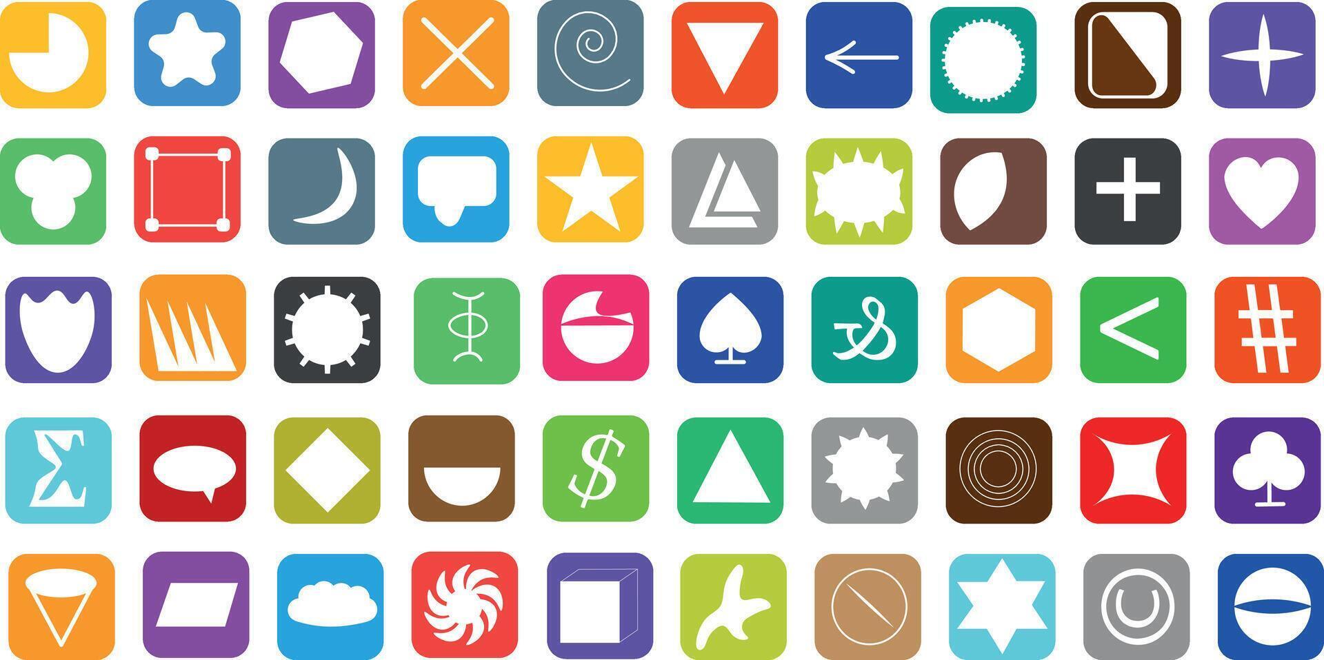 A collection of icons with various shapes and symbols arranged in rows on a transparent background. Each icon has a different background color and different symbols. vector