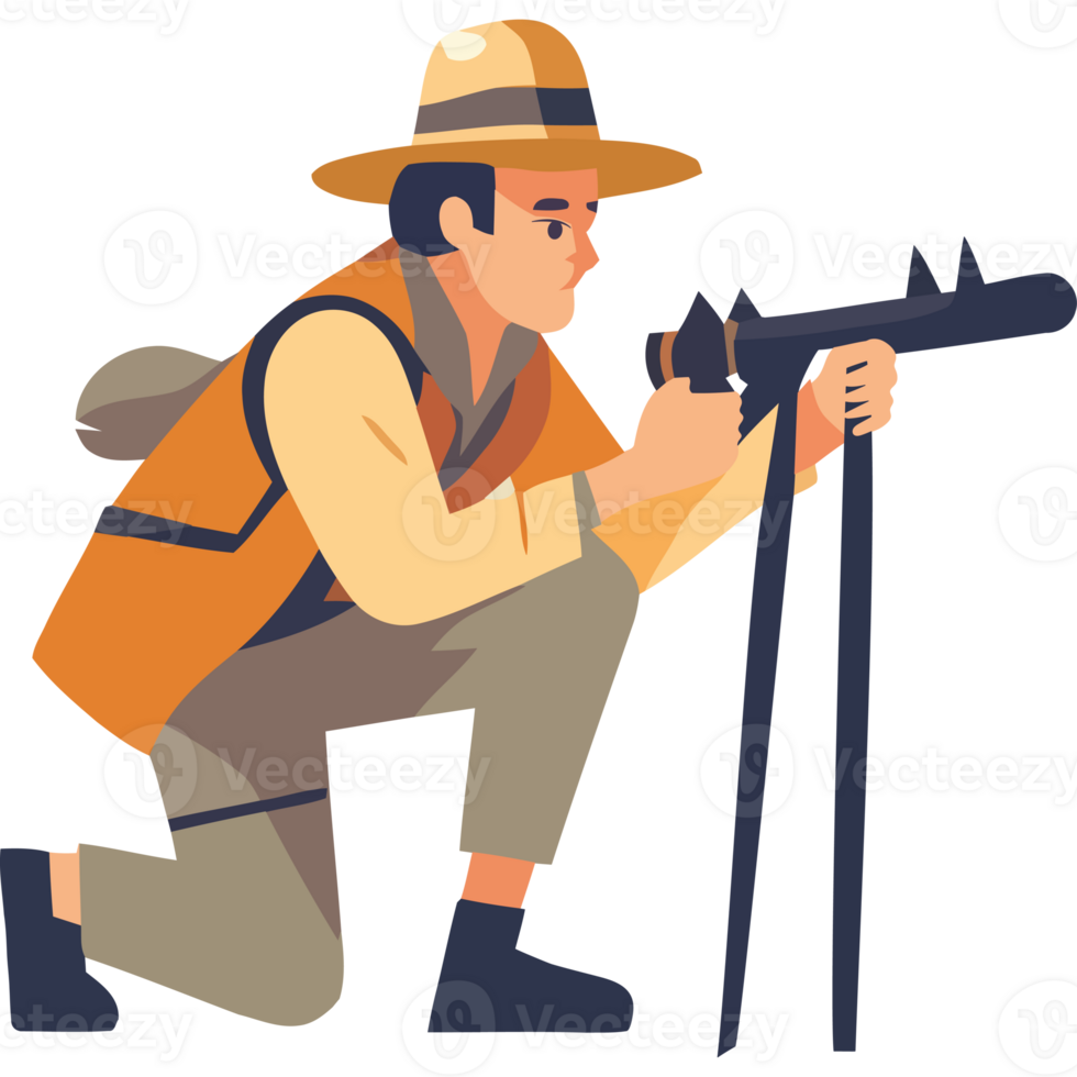 An illustration of a man in a hat and hat holding a telescope png
