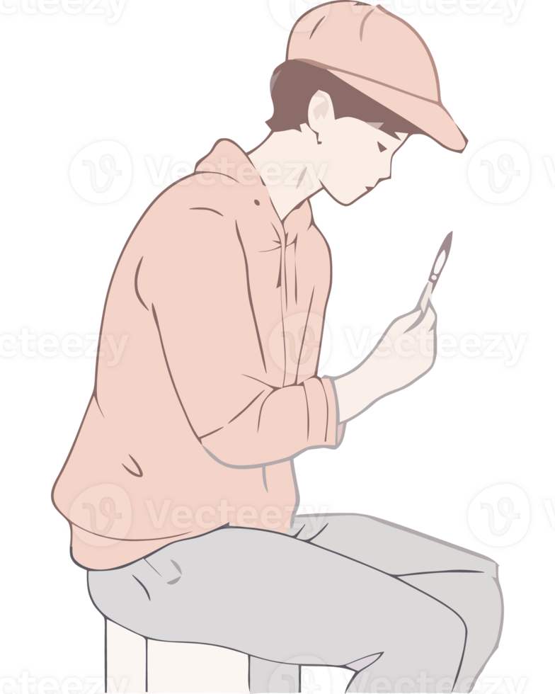 A boy sitting on a stool with a pen in his hand png