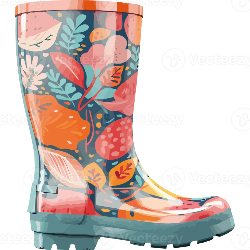 A pair of colorful rain boots with a floral design png