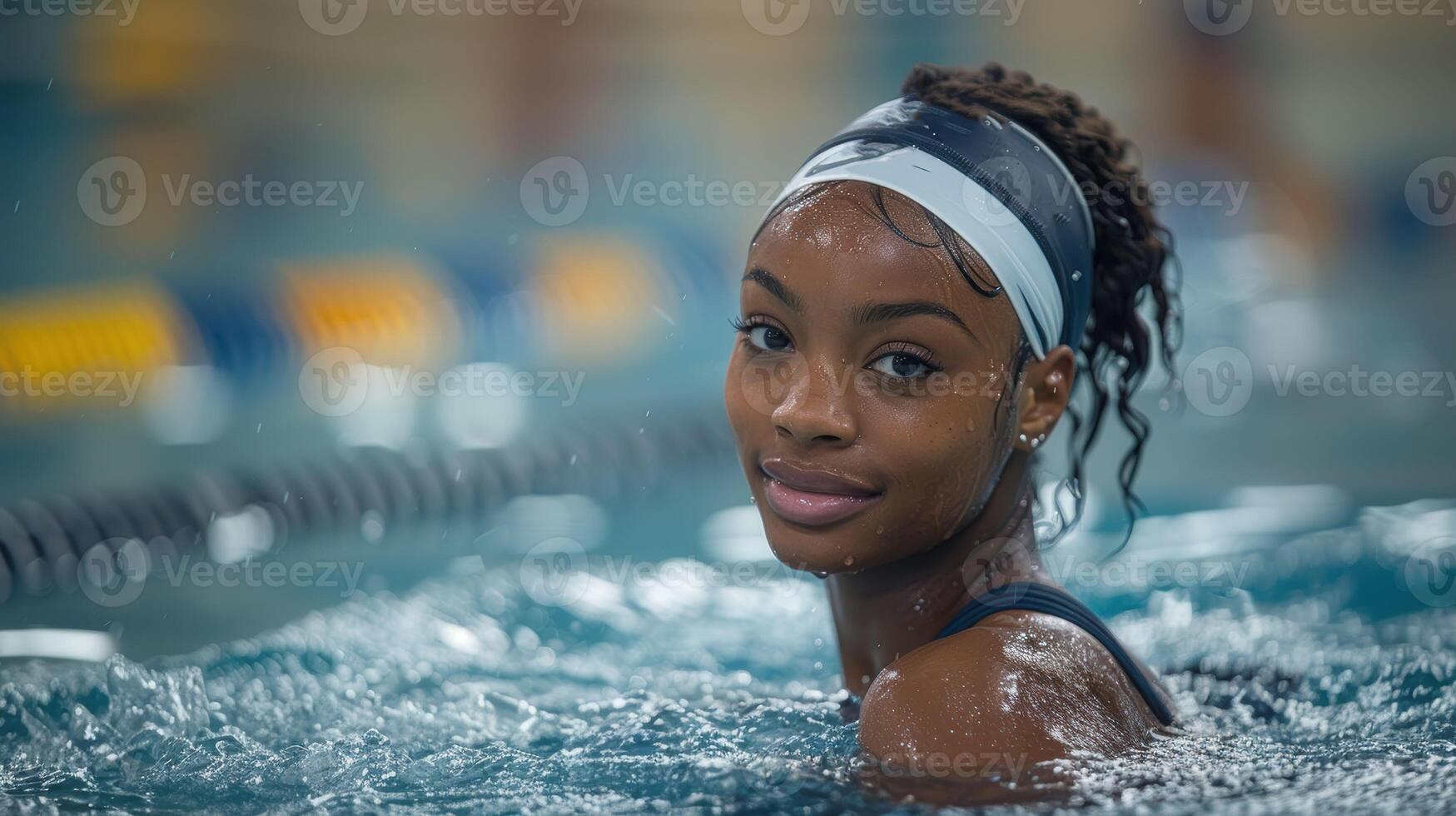 Young woman in a swimming pool with a swim cap, smiling confidently with water droplets on her face. photo