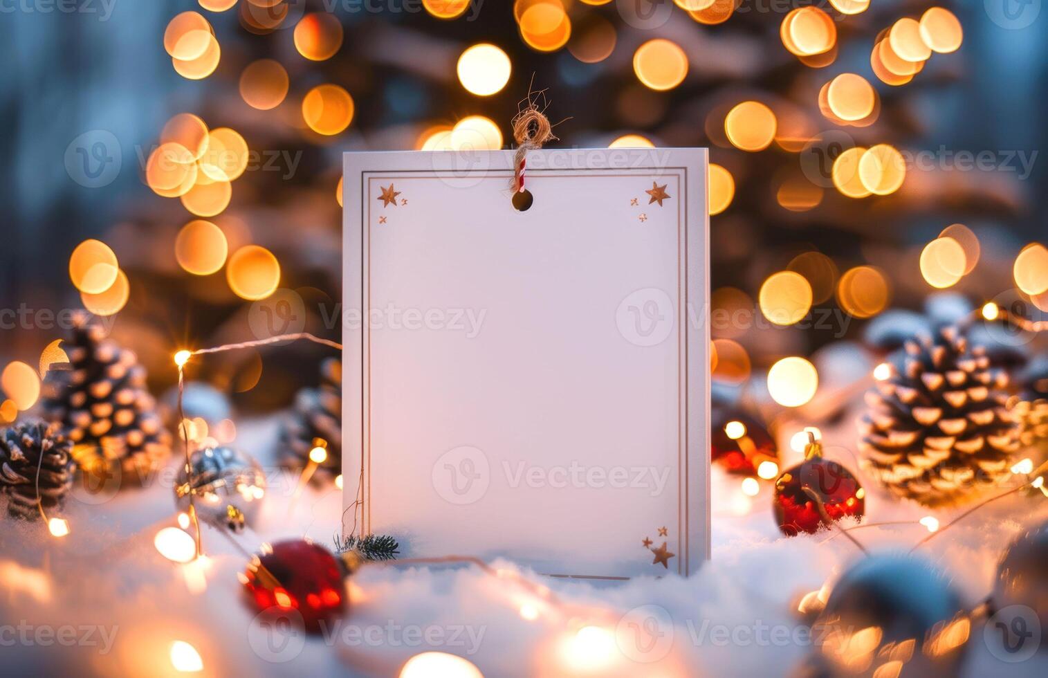 Blank festive card hanging on a string with holiday decorations and lights in the background. photo