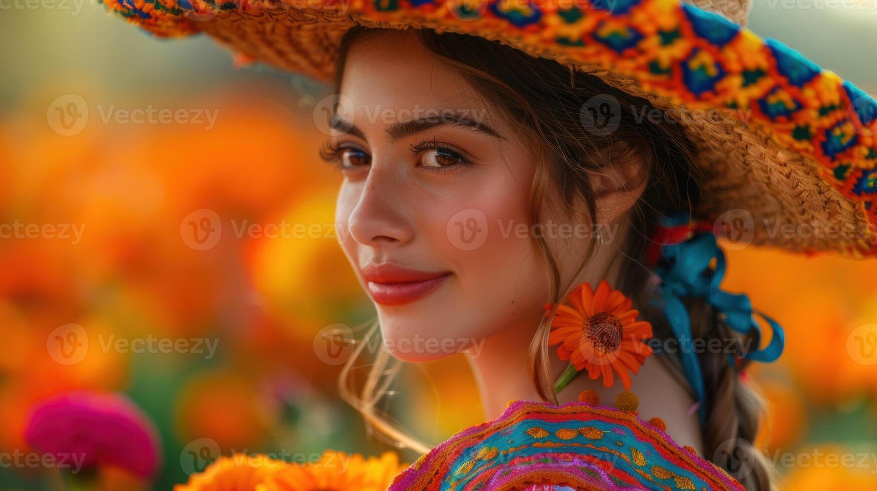 Beautiful Mexican Woman in Traditional Attire with Straw Hat and Orange Marigold Flower in Blooming Field photo