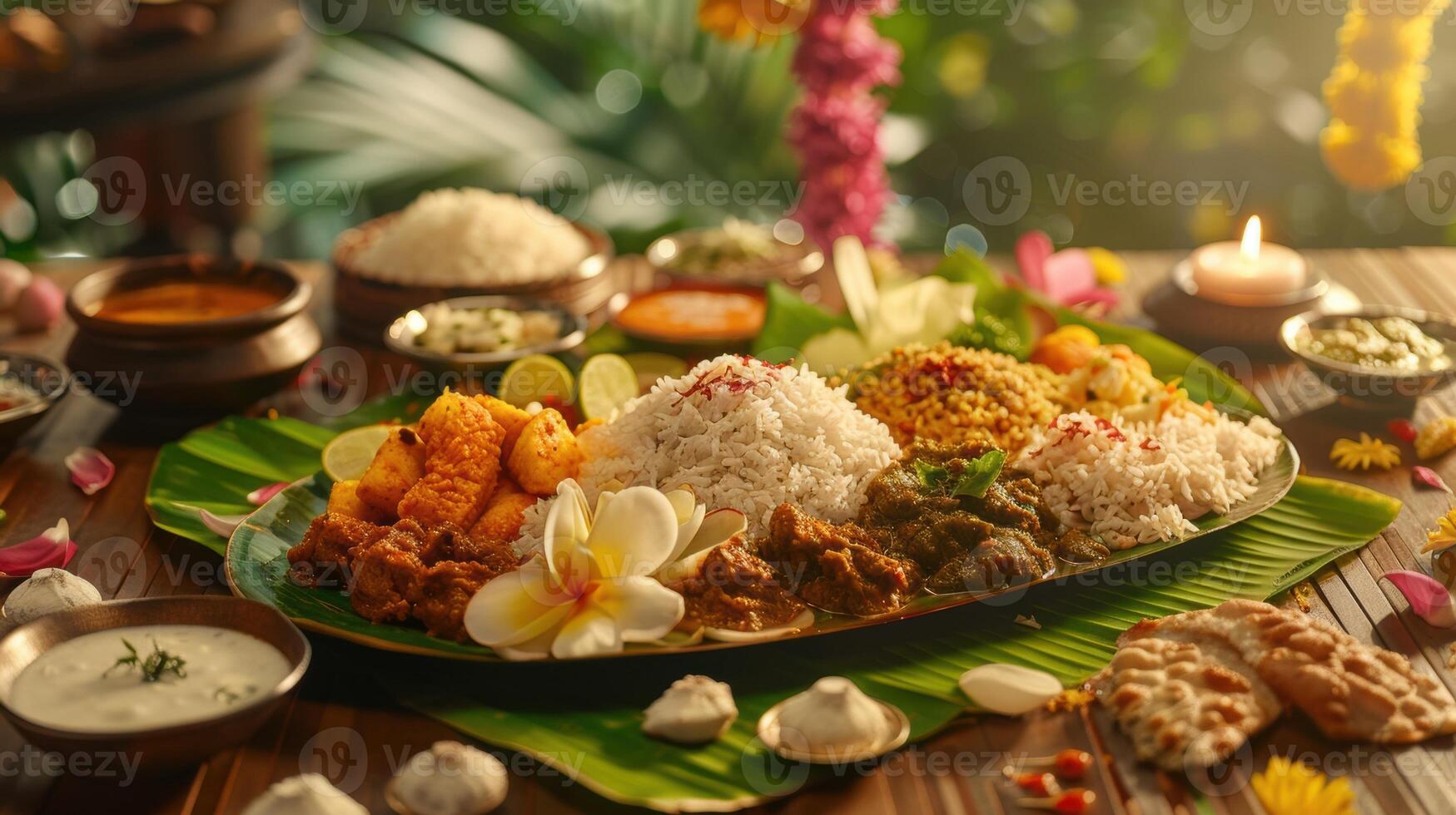 Traditional Kerala feast with rice, curries, and pickles served on a banana leaf with a variety of side dishes. photo