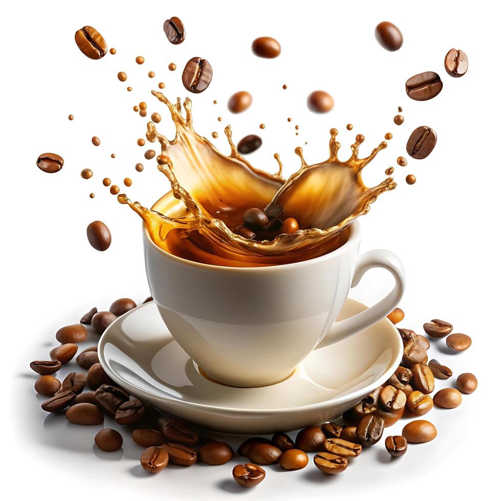 Dynamic Coffee in mug Splash and Beans isolated on white background photo