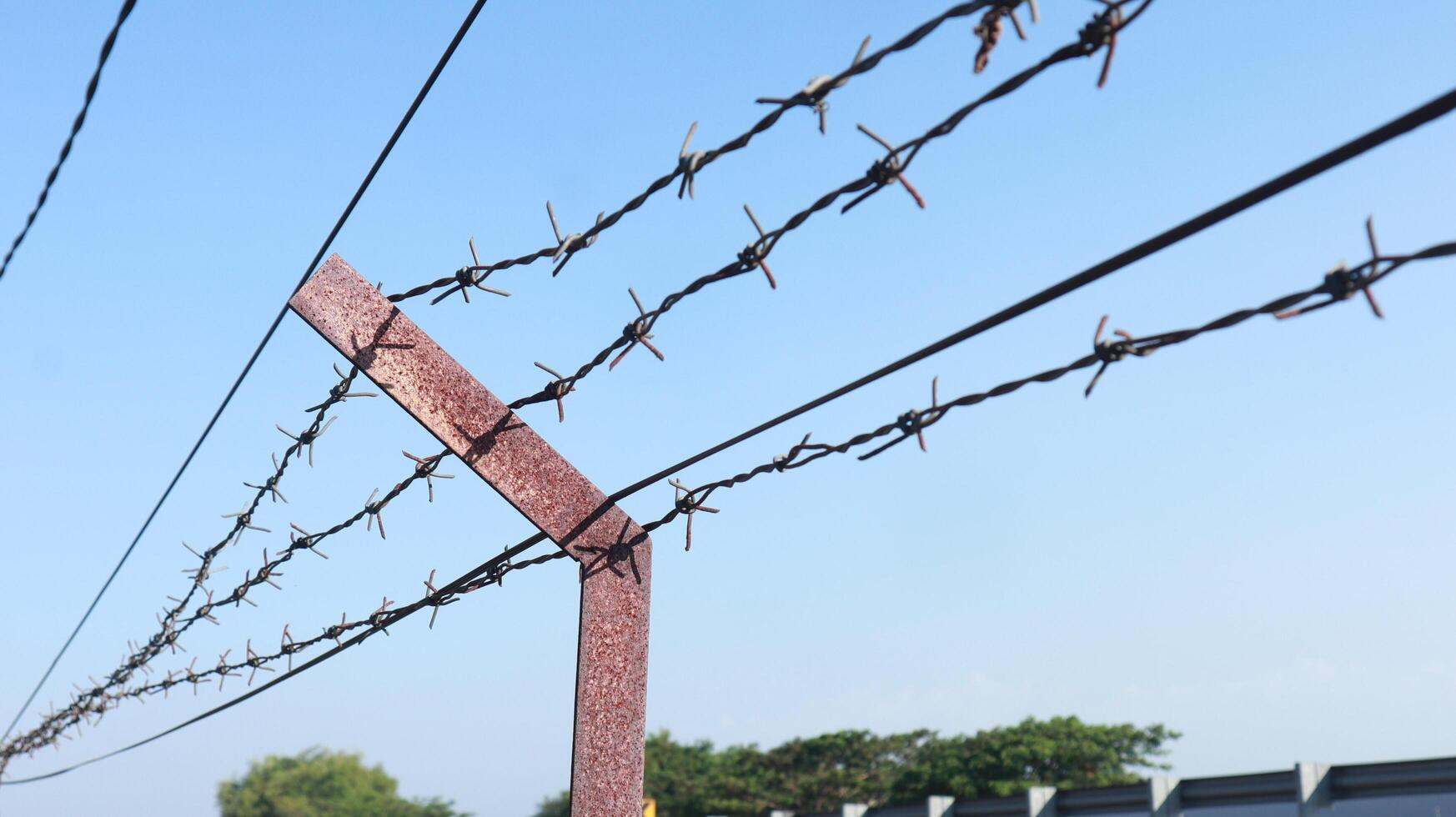 Still Life Photography of Barb wire fence against the bright cloudy sky as the background. photo