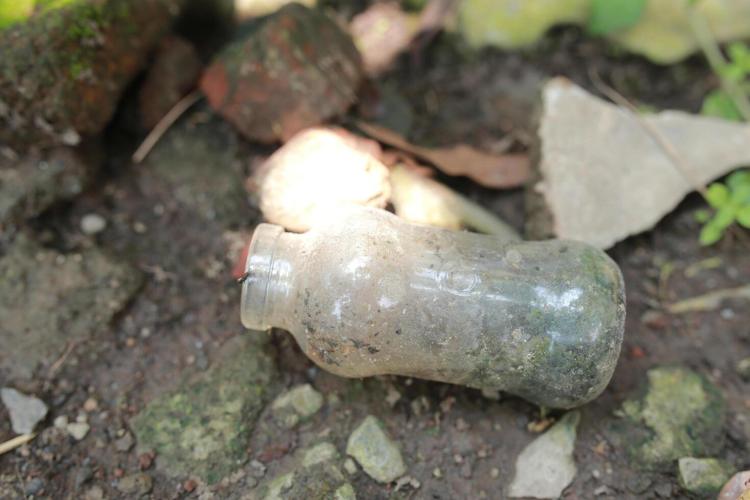 used bottles scattered in the yard photo