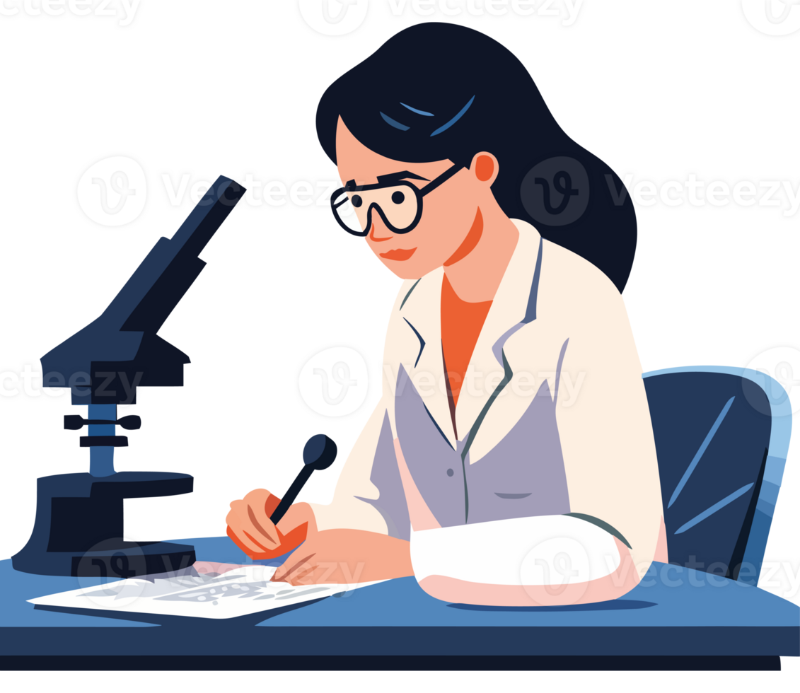 A woman in a lab coat is writing on a piece of paper png