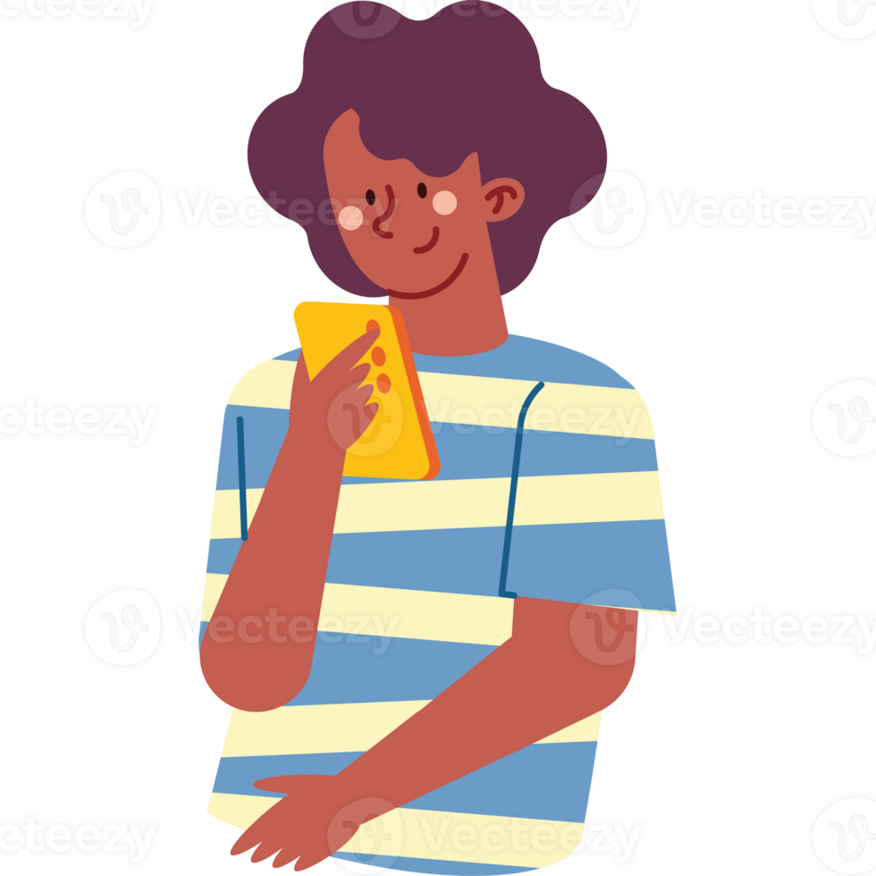 A cartoon man holding a phone and looking at it png