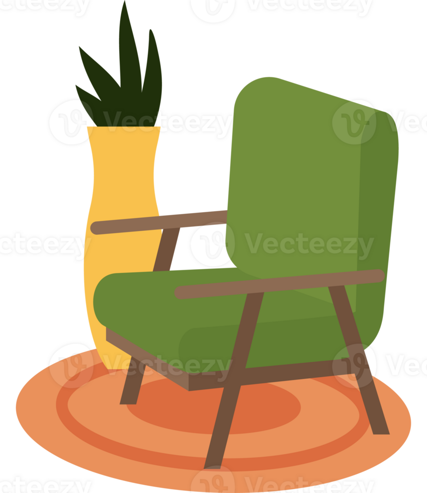 A green chair and vase on a round table png