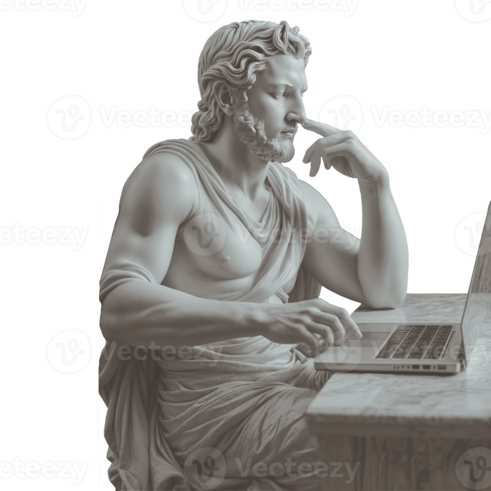 Contemporary art collage of a man headed by a statue head sitting on an office chair with a laptop with graphs and diagrams. Concept of business, finance, economy. Copy space. png