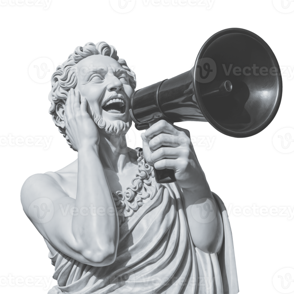 Plaster statue of a head and open mouth of a man with a megaphone. Concept of orators, heralds, propagandists and agitators png