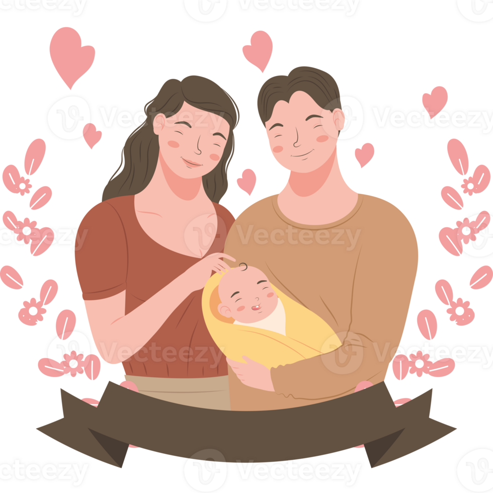 A couple holding a baby with hearts around them png