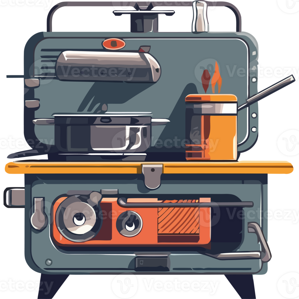 An illustration of a stove and pot on top of a table png