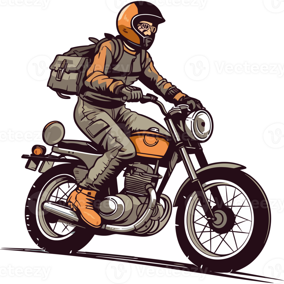 A man riding a motorcycle with a backpack png