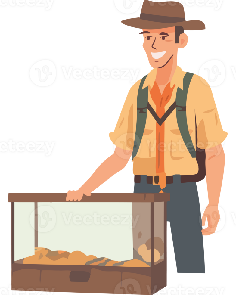 A man in a hat and hat holding a box with a snake png