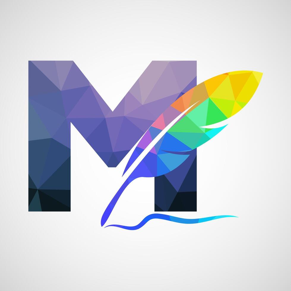 English alphabet M with feather logo design template. Logo for a writer or publishers. vector