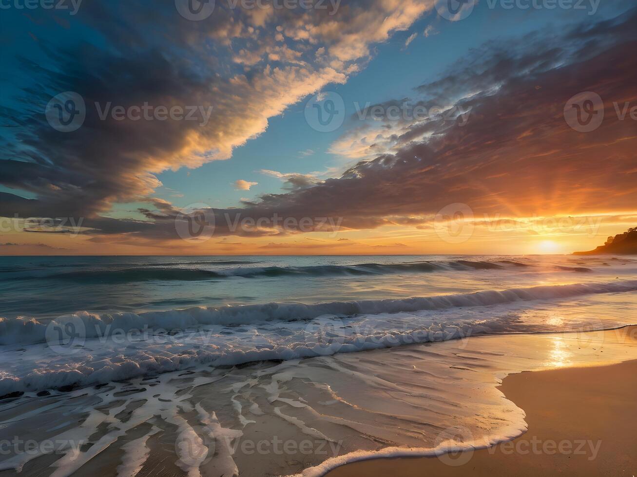 Serene Sunset Beach with Vibrant Sky and Calm Ocean photo