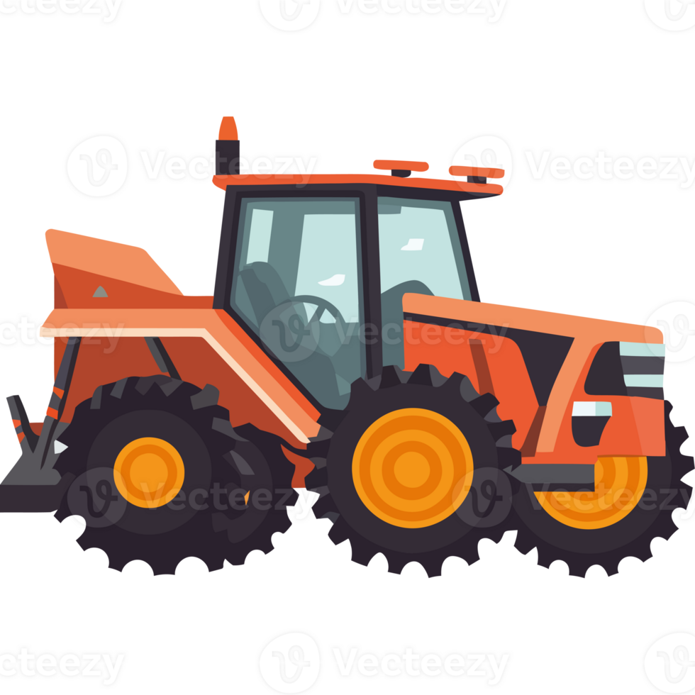 An orange tractor with wheels on the ground png