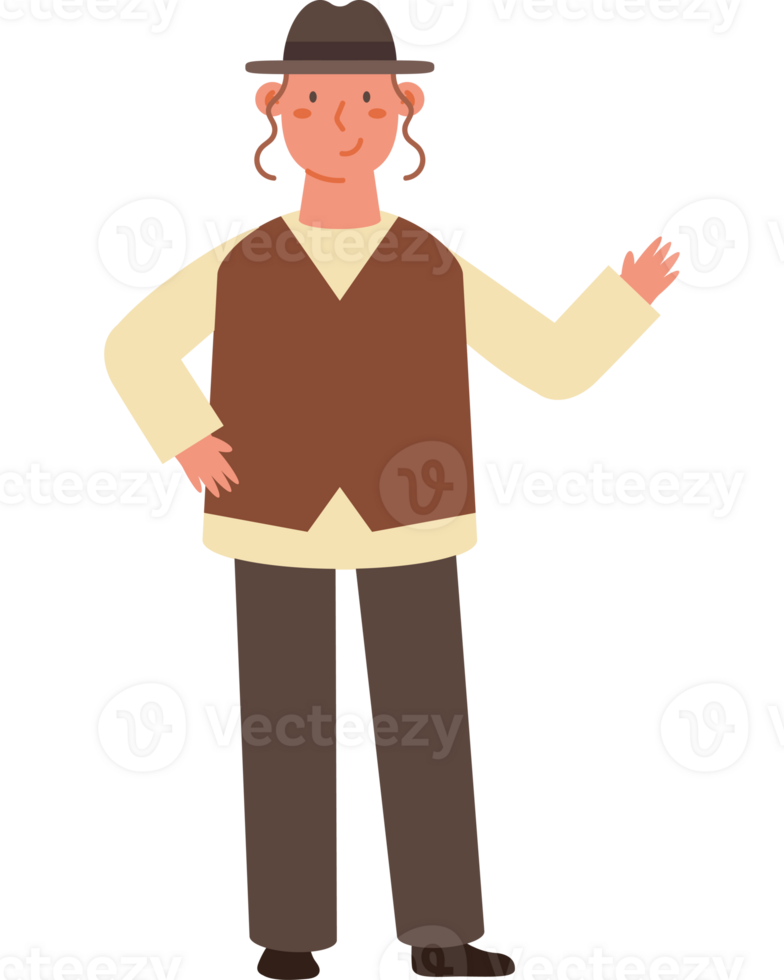 A man in a hat and vest standing with his hands out png