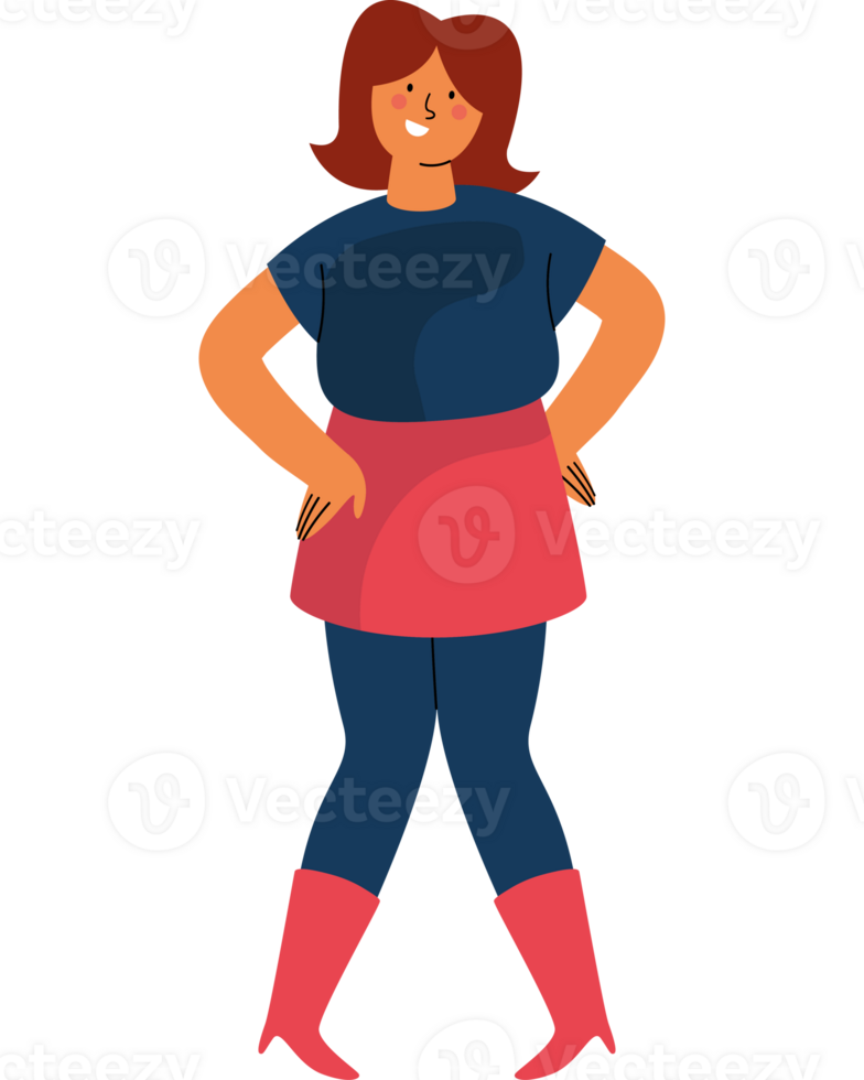 An illustration of a woman in a blue shirt and pink skirt png
