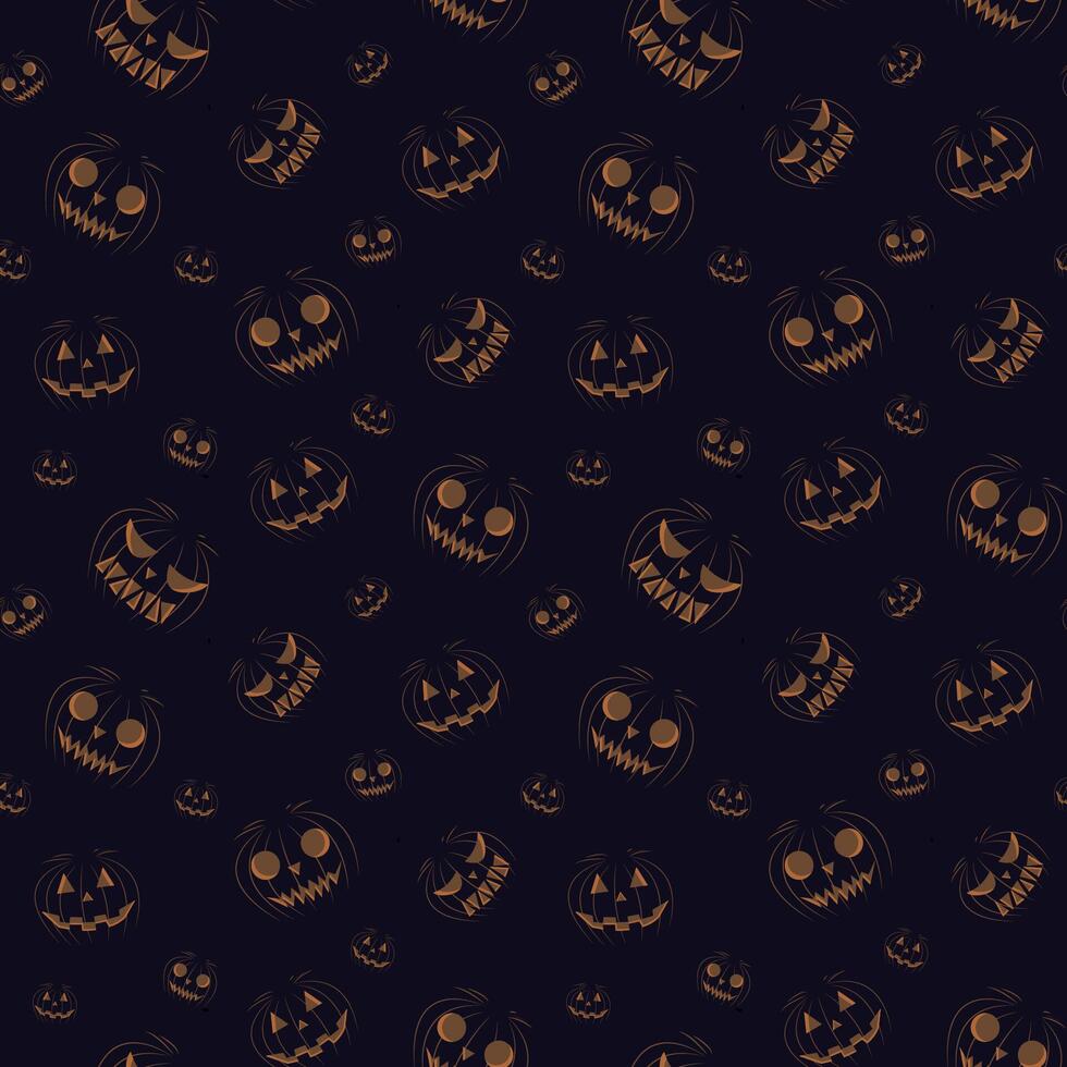 Seamless pattern with scary smiling Halloween pumpkins, on a black background. For wrapping paper, covers, wallpapers, backgrounds, prints, fabrics, textiles, desktop wallpapers. vector