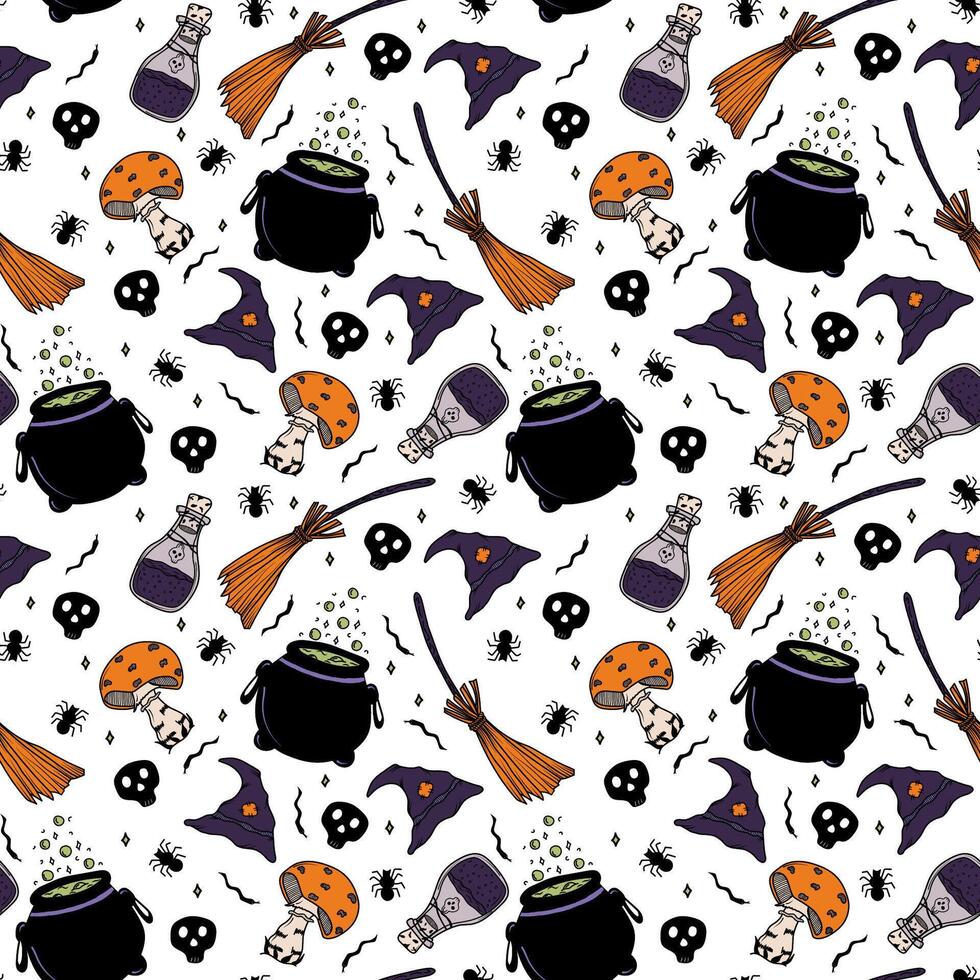 Seamless pattern for Halloween. Scary autumn hand-drawn pattern for covers, backgrounds, wrapping paper, banners, textiles, wallpaper. With a broom, fly agarics, potion, skulls, cauldron, hat, spiders vector