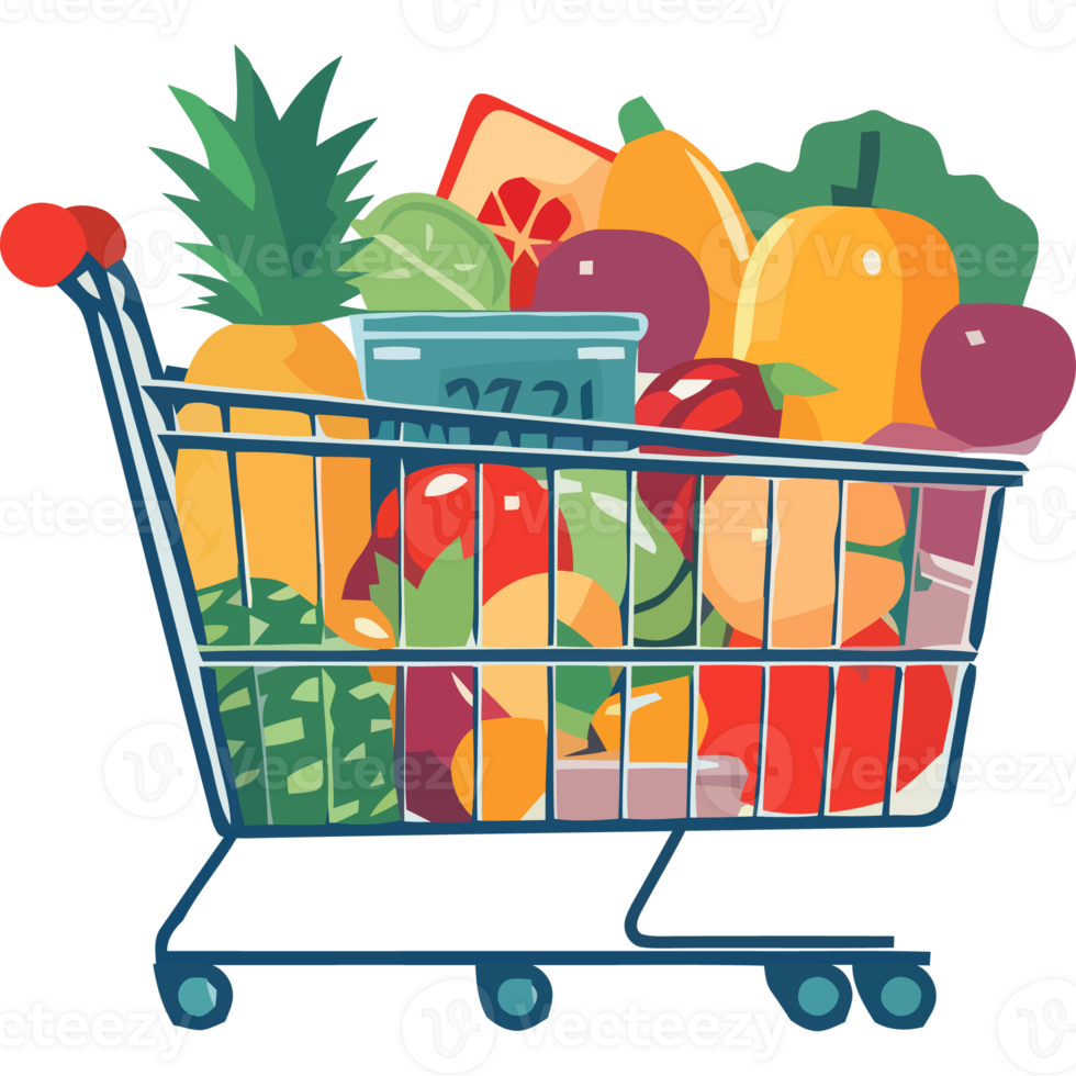 Shopping cart with fruits and vegetables png
