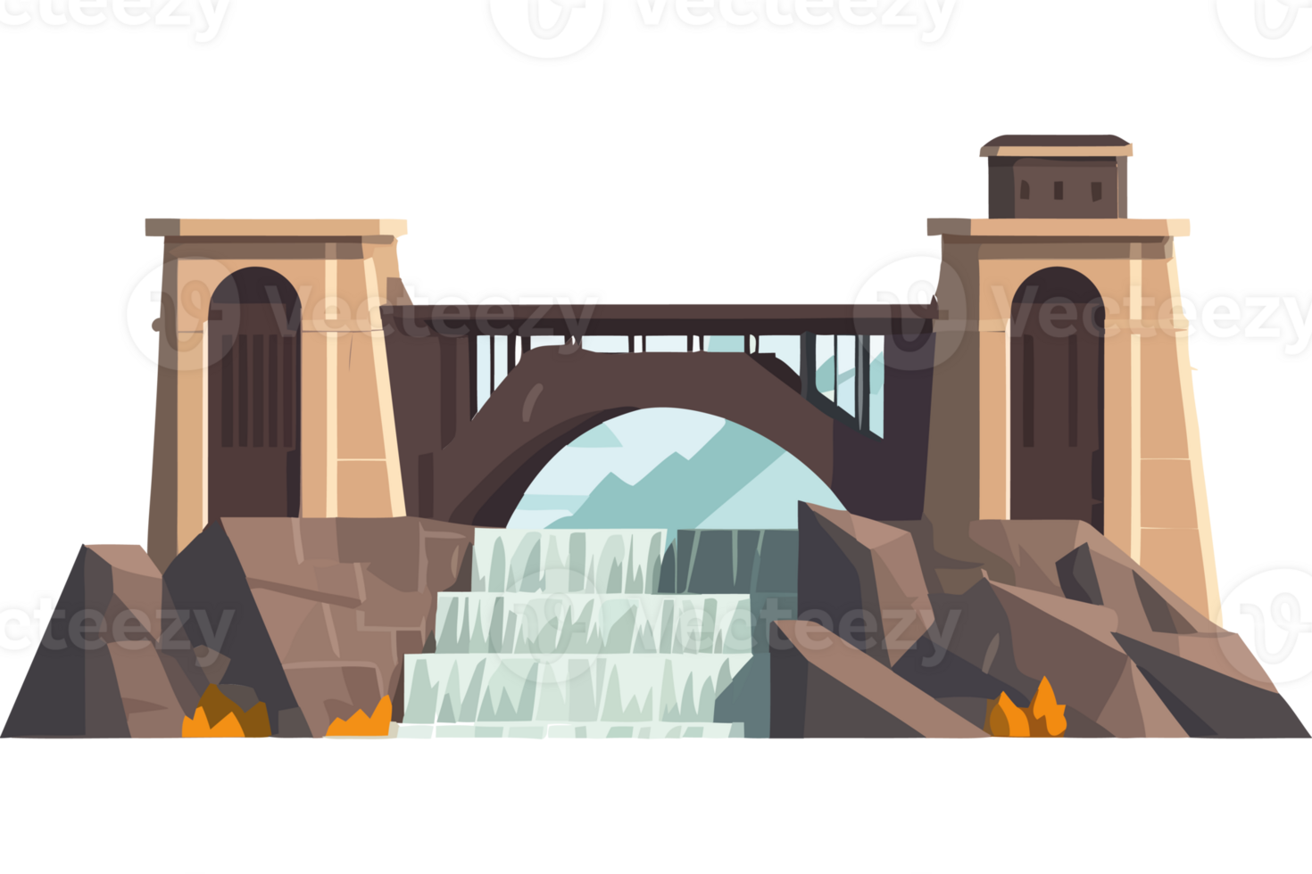 A cartoon bridge with waterfalls and rocks png