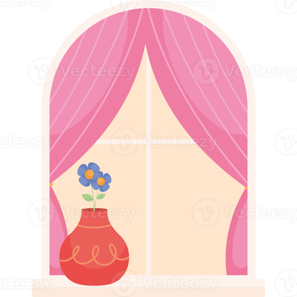 A pink vase with flowers sitting on a window sill png