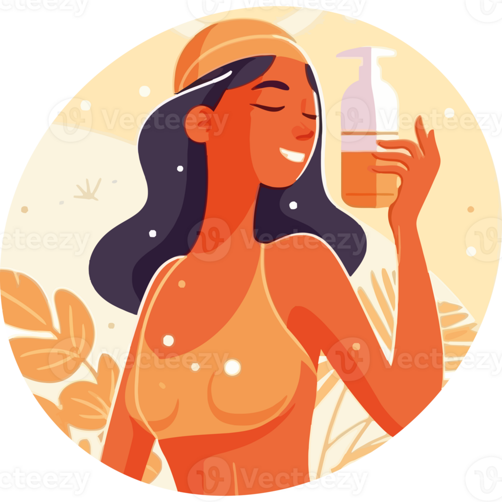 A woman holding a bottle of sunscreen png