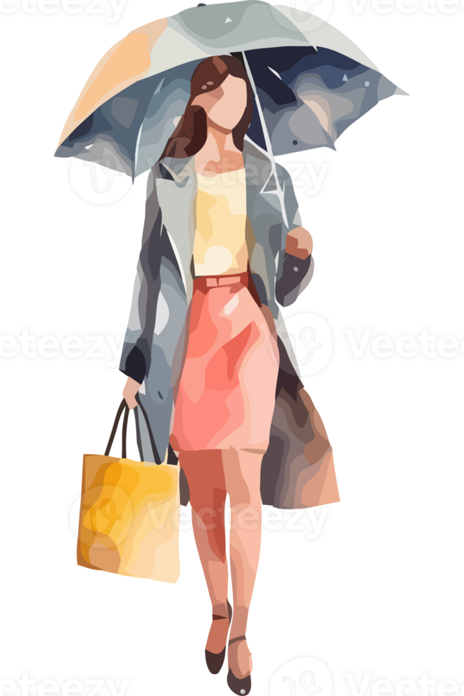 A woman walking with an umbrella and shopping bag png