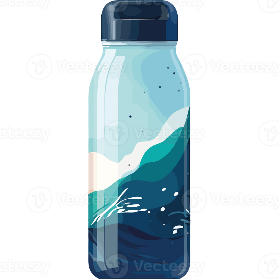 A water bottle with a blue and white ocean scene png