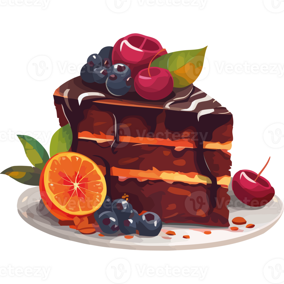 A piece of chocolate cake with cherries and oranges png