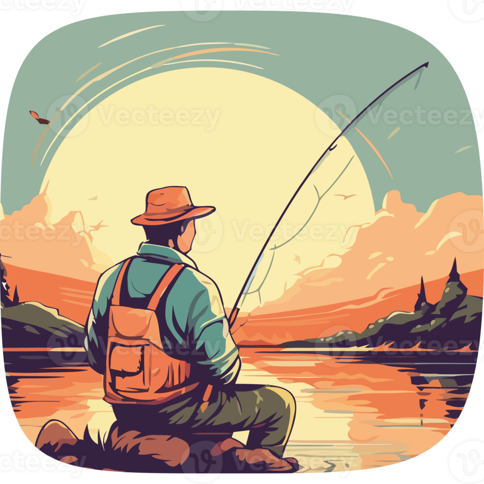 A man sitting on a rock fishing in front of a lake png