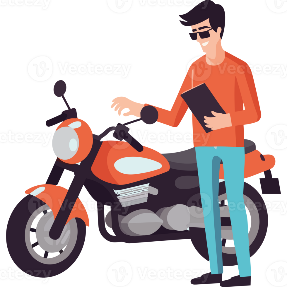A man is standing next to a motorcycle with a clipboard png