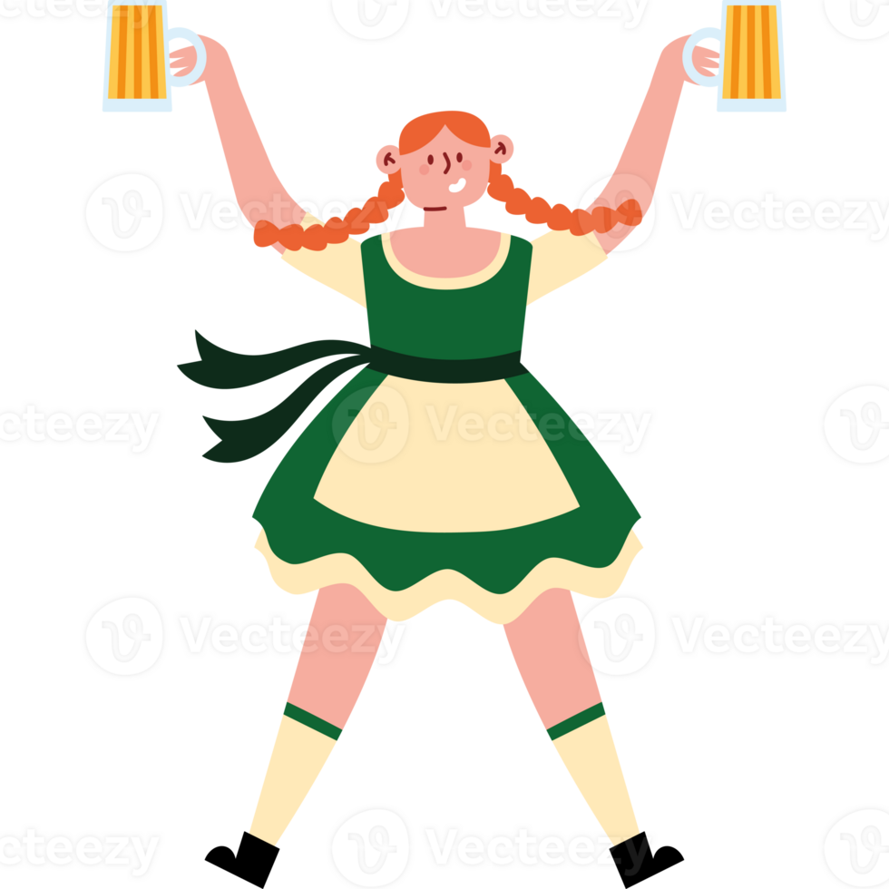 A girl in a green dress holding two beer mugs png