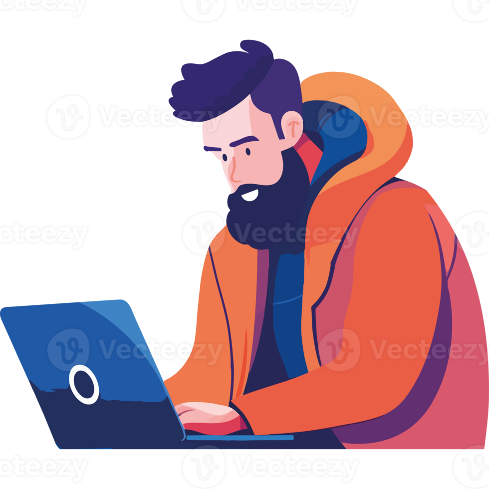 A man with a beard and a hoodie is working on a laptop png