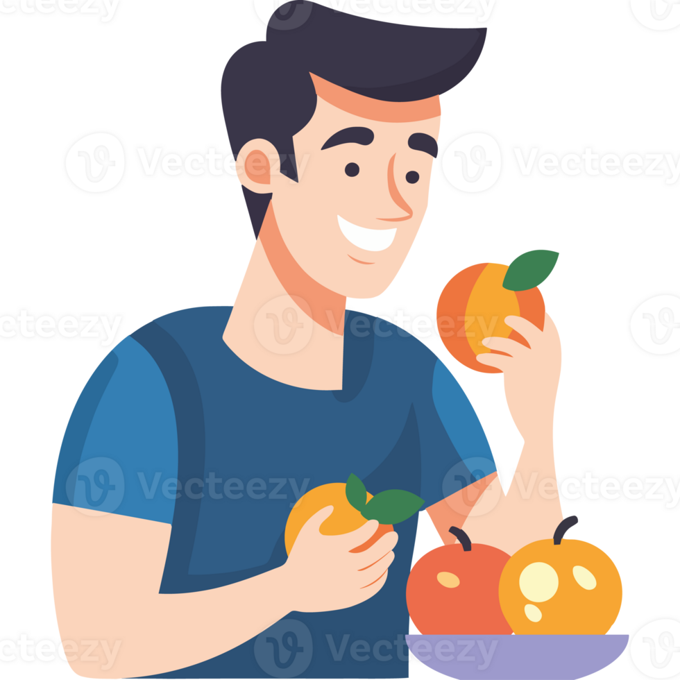 A man is holding an orange and an apple png