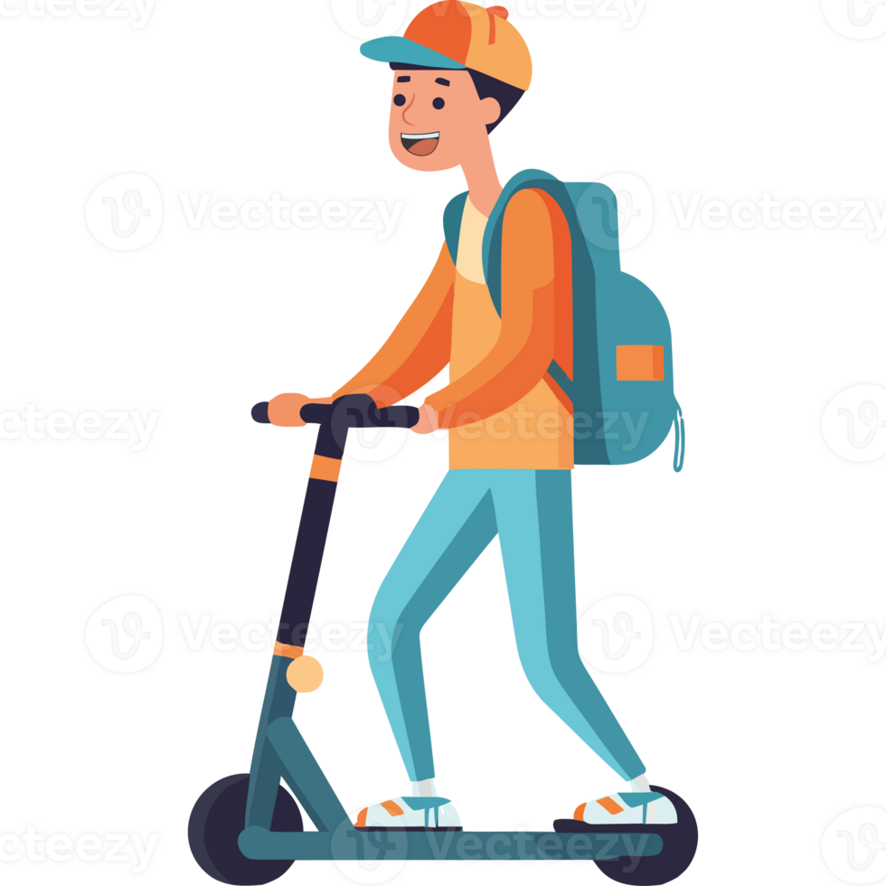 A man riding a scooter with a backpack png