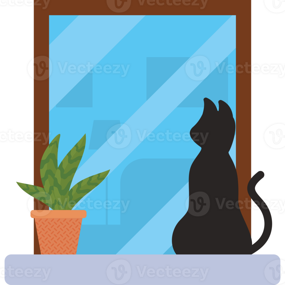 A cat sitting on a window sill looking out at a potted plant png