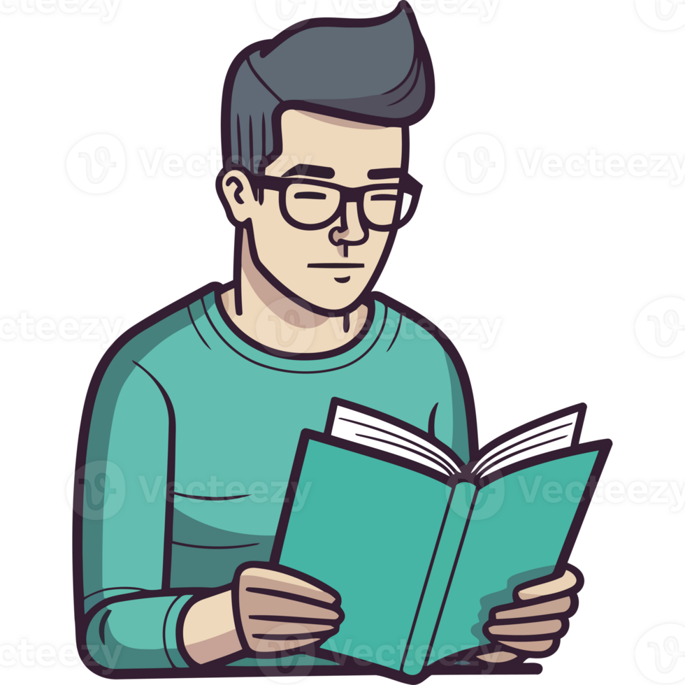 A man reading a book in a cartoon style png