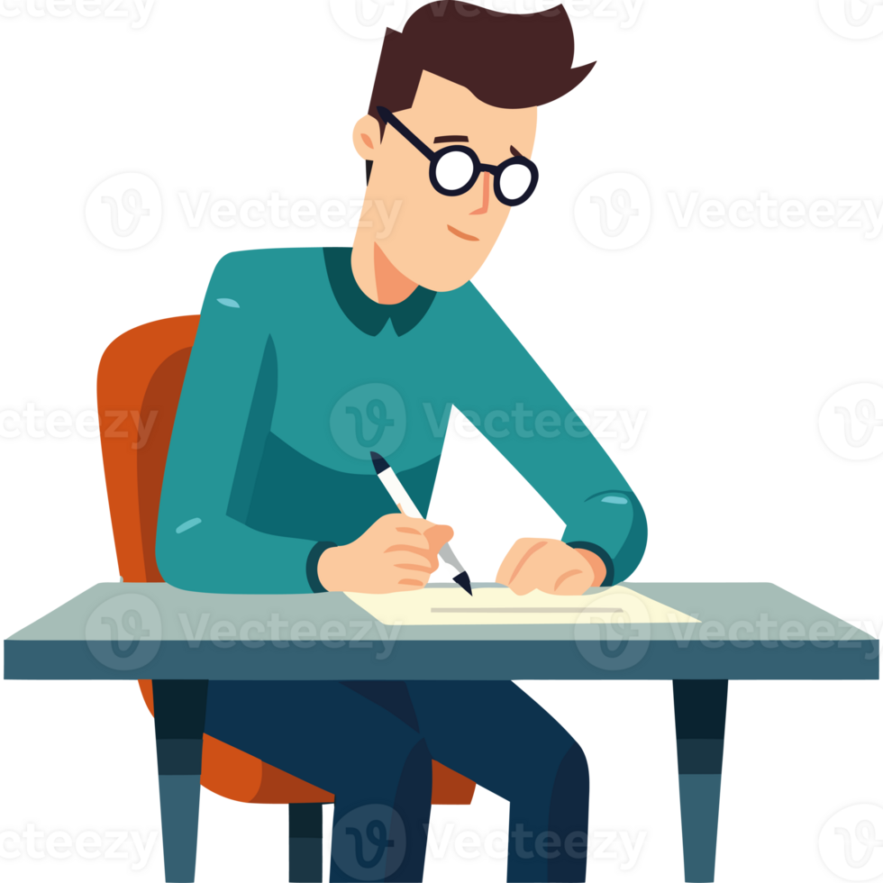 A man in glasses is writing on a piece of paper png